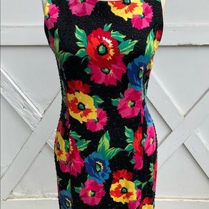 Vintage bright floral bugle beaded designer dress.